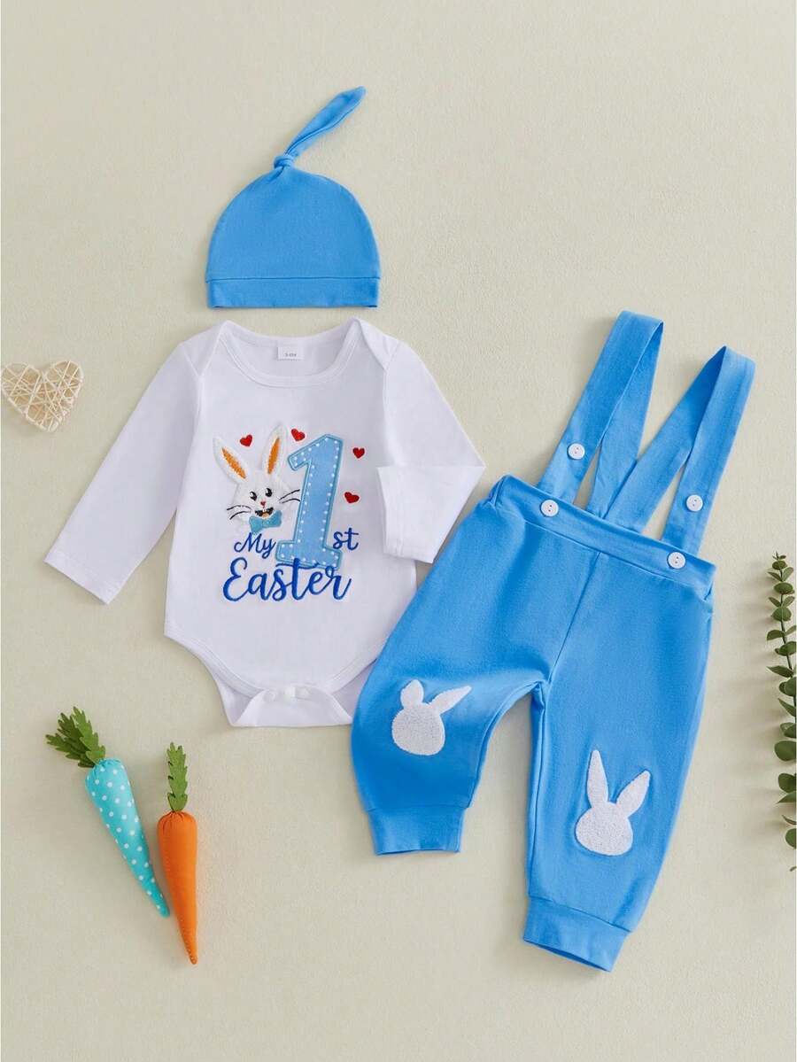 Baby Boy First Easter Outfit Bunny Long Sleeve Romper Suspender Pants And Knot Hat 3 Piece Spring Set - Blue - View 1