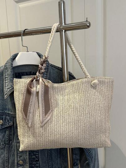 新款丝巾单肩包，高端纯色草编包，带流苏，大容量手提包，女士适用，适合度假和海滩出行