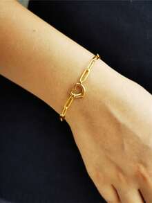1pc Stainless Steel Waterproof Non-Fading Paperclip Link Chain Bracelet, Suitable For Women's Daily Wear - Gold - View 2