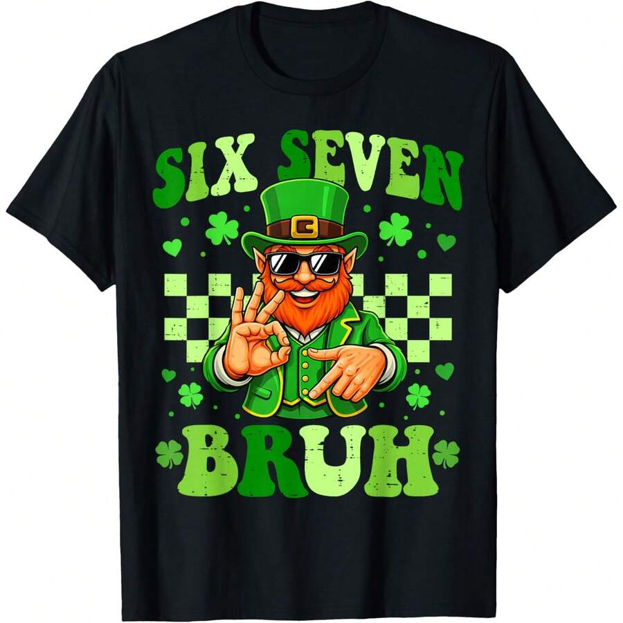 67 Bruh St Patricks Day Leprechaun Six Seven Meme Boys Kids T-Shirt - 黑色 - 查看 1