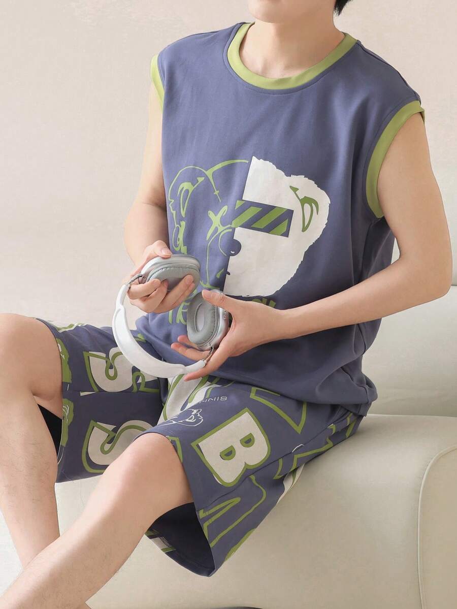[AICJ Sleepwear]2pcs Men's Solid Color Casual Loose Basic Crew Neck Vest Top And Shorts Pajama Set, Suitable For Spring And Summer Loungewear - Navy Blue - View 1