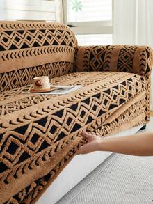 1pc Cationic Soft Plush Fabric Pet Proof Sofa Cover, Embossed Plush Jacquard Striped Pattern, Rich Color Palette, Thick Jacquard Plush Sofa Cover Suitable For 1/2/3/4 Seater Sofa, Autumn/Winter - Multicolor - View 8