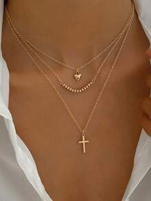 两件套时尚简约链条项链套装，配有心形和十字架吊坠，多层可佩戴项链，适合女性日常、约会、宗教聚会等场合。 - 金黃色 - 查看 1