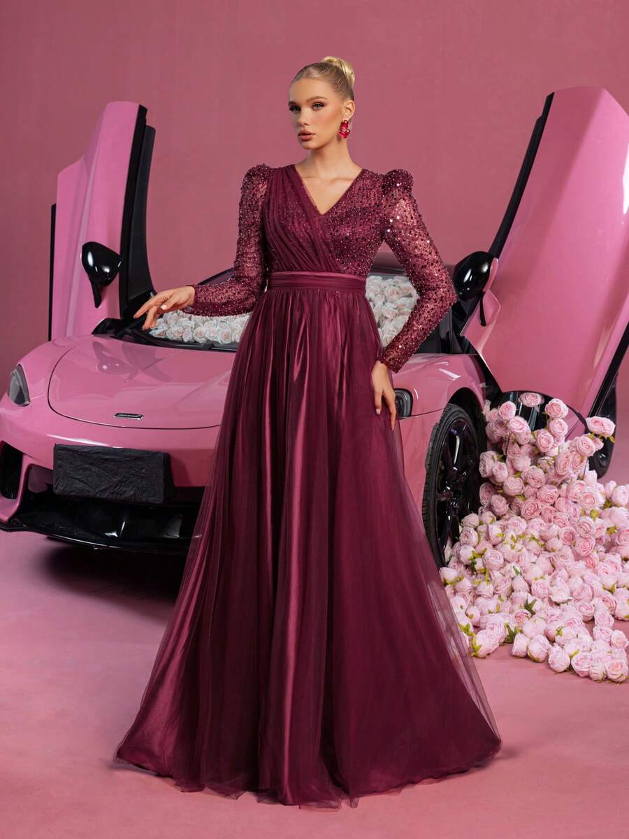 Faeriesty 优雅V领公主风长袖礼服——适合正式晚宴、婚礼宾客着装、新娘写真、红毯活动、奢华盛会及春季派对等场合。 - 酒紅色 - 查看 1