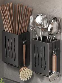 1pc Multi-Function Kitchen Chopstick Holder Organizer, Wall-Mounted Chopstick Drainer Rack, Household Kitchen Utensil Storage Rack, Home Organization Supplies, Kitchen Accessories - Grey - View 4