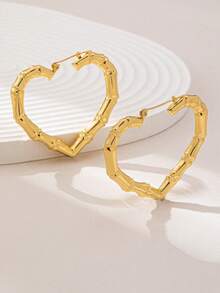 3 Pairs Fashionable Exaggerated Bamboo Texture Heart Shaped Earrings - Yellow Gold - View 2