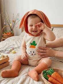 Disfraz de conejito de Pascua para bebé, mono sin mangas con capucha y bolsillo bordado de zanahoria, calcetines largos, ropa de fiesta - Naranja - Ver 5
