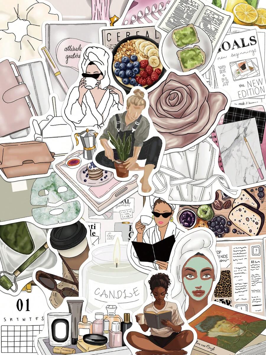 50pcs Clean Girl Minimalist Style Stickers Notebook Laptop Phone Case Luggage Skateboard Helmet Decorative Stickers - One Size - View 1