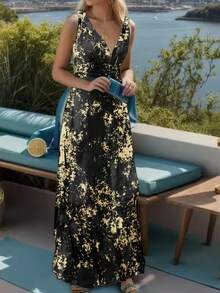 Ladies Golden V-Neck Sleeveless Long Summer Elegant Dress - màu đen - Xem 4