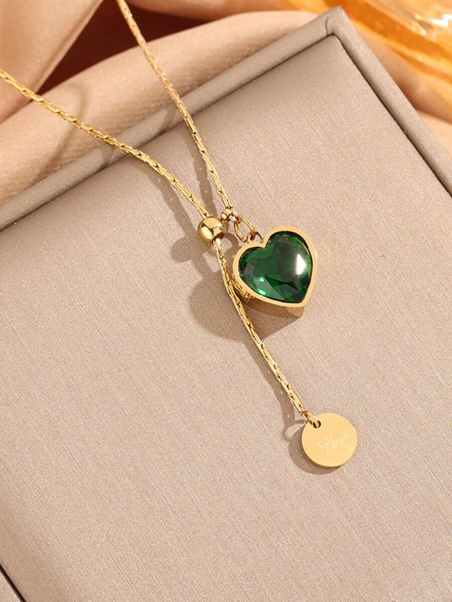 1件不锈钢复古祖母绿钻石心形吊坠项链，奢华简约钛钢可调节颈链，女士款 - 金黃色 - 查看 1
