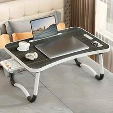 Extra Large Portable Folding Bed Laptop Desk With Cup Holder, Drawer, Stable And Durable, Suitable For Eating, Reading, Writing, And School Supplies - màu đen - Xem 4