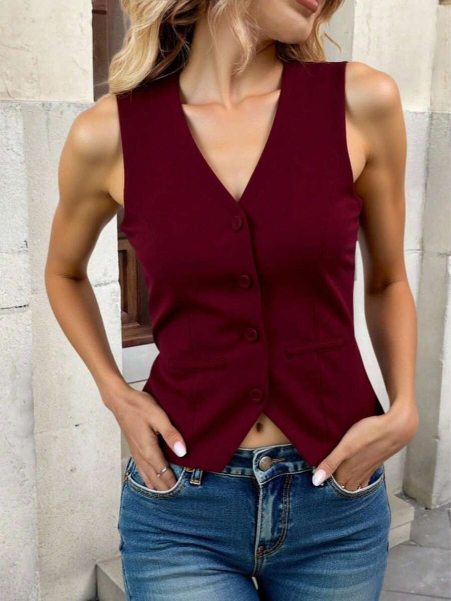 ZALLA Women's V-Neck Vest With Faux Pockets, Tailored Dress Shirt - Màu Đỏ Sâu - Xem 1