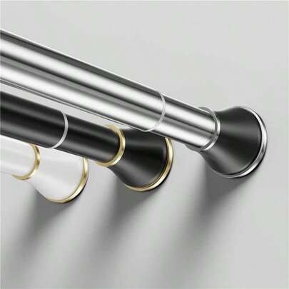 可调节伸缩窗帘杆，金色饰边 - 无需钻孔，不锈钢材质，塑料底座，适用于浴帘、窗帘、衣柜收纳和阳台晾晒 - 银黑色、黑金色、白金色浴室装饰