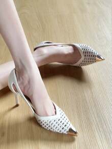 Unique Woven High Heel Design Fashionable Pointed Toe Sandals For Women, Versatile Summer 2025 New Arrival - Beige - View 5