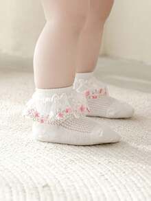 3 Pairs Elegant Embroidered Socks, Floral Embroidery Mesh Ruffle Trim Princess Socks, High-End Graceful - White - View 7