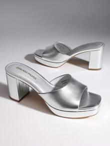 Women Minimalist Open Toe Heeled Mule Sandals Slip On, Thick Heel Casual High Heel Sandals For Outdoor Spring/Summer - 銀色 - 查看 1
