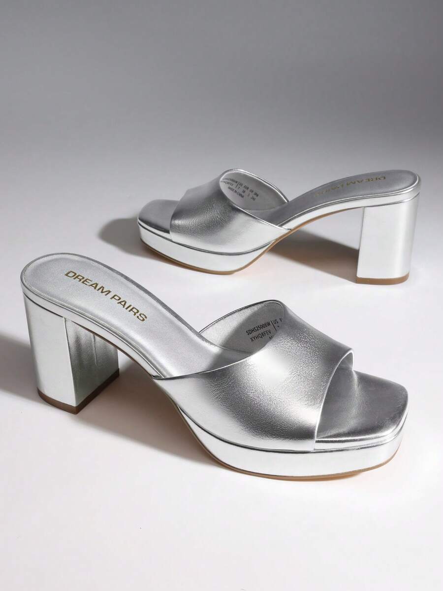 Women Minimalist Open Toe Heeled Mule Sandals Slip On, Thick Heel Casual High Heel Sandals For Outdoor Spring/Summer - 銀色 - 查看 1