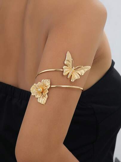 1 pieza Brazalete abierto con estampado floral y mariposa de moda, adecuado para uso diario, vacaciones y fiestas de mujeres