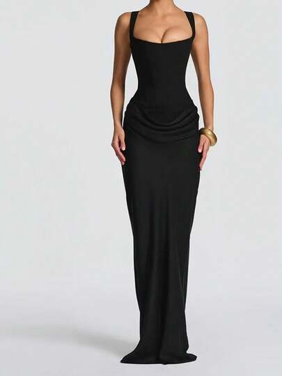 1 Stück Damen Einfarbiges elegantes Bodycon Langarm Tiefer V-Ausschnitt Kleid