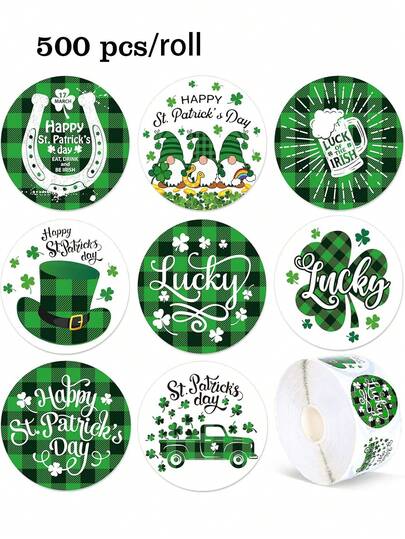 500pcs Green Plaid Clover Doodle Stickers, 1 Inch Round 8 Designs, Shamrock Clover Labels, St. Patrick's Day Irish Party Gifts, Encouragement Reward Cards Envelopes Phone Cases Scrapbooking DIY Decor Seals, PVC Waterproof Sticker