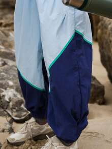 Women's Baggy Wide Leg Pants Color Block Jogger Cuffs Elastic Waist Pockets Gym Daily - Màu xanh lam - Xem 4