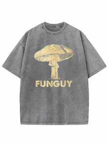 230g Washed, Vintage Mushroom Printed T-Shirt, High Quality Batik Cotton Vintage Fashion Brand, Men's T-Shirt, 250th Anniversary, Easter, Saint Patrick's Day, Valentine's Day, Perfect Gift. - 灰色 - 查看 1