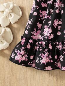 Baby Girl Floral Print Spaghetti Strap Bow Ruffle Hem Fashion Party Dress - Pink - View 3