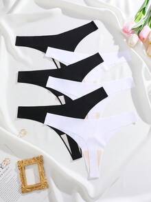 6pcs/Pack Celana Dalam Thong Wanita Model V-Shape, Tanpa Jahitan, Bernapas, Berpinggang Rendah, Berbagai Warna - Hitam dan Putih - View 3