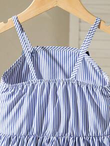 Vestido casual de verano para niñas bebé con nuevo diseño lindo, decorado con moño, a rayas, parche floral con volantes, estilo princesa adecuado para uso al aire libre - azul real - Ver 11