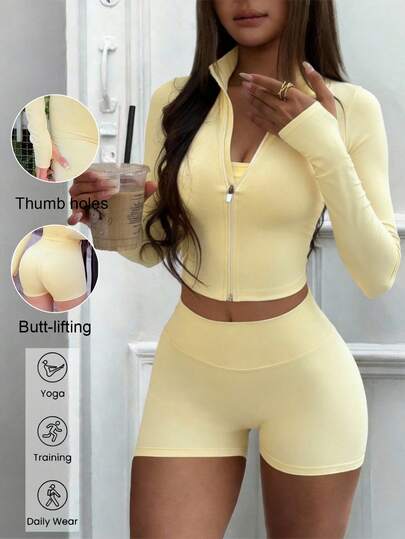 GAOVOT Women's Solid Color Running Sports Yoga Fitted Stand Collar Long Sleeve Top And Shorts Set, Spring/Autumn