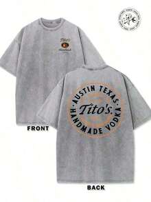 230g Washed And Used T-Shirt, Front Tito's Handmade Vodka Logo, Back With "AUSTIN TEXAS Tito's HANDMADE Vodka" Circular Text And Brand Logo, Tito's Vodka ThemeNew Casual T-Shirts For Men And Women-HD07 - 灰色 - 查看 6