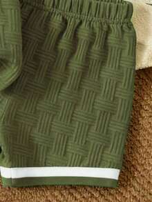 2pcs/Set Baby Boys' Jacquard Fabric Polo Collar Top And Casual Shorts, Summer - Olive Green - View 5