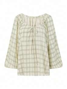 Women Plaid Outfit, Long Sleeve Tie-Up Crew Neck T-Shirt With Elastic Waist Shorts Summer Outfit - 綠色 - 查看 9