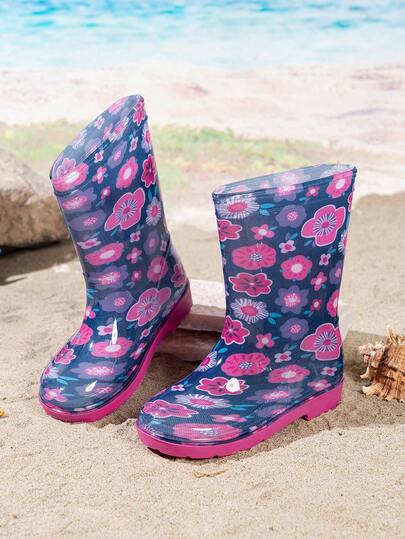1 Pair Fashion Kids Floral & Dinosaur Pattern Rain Boots, Lightweight Waterproof Non-Slip Rubber Shoes For Boys And Girls, With Handle For Easy On/Off, Rain Boots For Rainy Days And Beach Play
