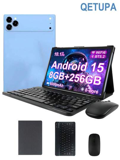  Qetupa 安卓 15 10.1 英寸平板电脑，配备保护套、键盘和鼠标，8GB 运行内存 + 256GB 机身存储（支持 1TB SD 卡扩展），MTK6771 八核 2.0GHz 处理器，高清 (1280x800) IPS 触控屏，500 万像素前置摄像头和 800 万像素后置摄像头，6000mAh 电池，蓝牙 5.2，802.11ax Wi-Fi 6，GPS，Type-C 充电接口