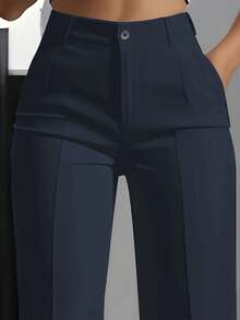 Plus Size Women's Solid Color Button Pocket Office Pants Spring - Navy Blue - View 2