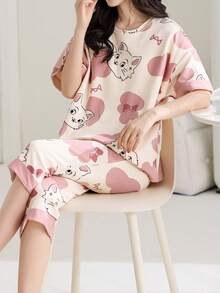 AICJ 2件套 女童休闲可爱卡通猫字母印花粉色上衣，七分裤短裤睡衣套装，春夏家居服派对假日睡衣套装 - 彩色 - 查看 4