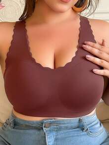 Plus Scallop Trim Wireless Bra - Brown - View 4