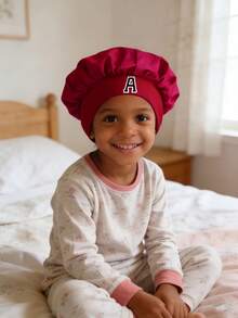 1pc Children's A-Z Letter Pink Satin Elastic Wide-Brim Sleep Cap - Snug Sleeping Hat, Hair Protection, Super Soft Breathable Design With Anti-Slip Lining - Wine Red - View 4