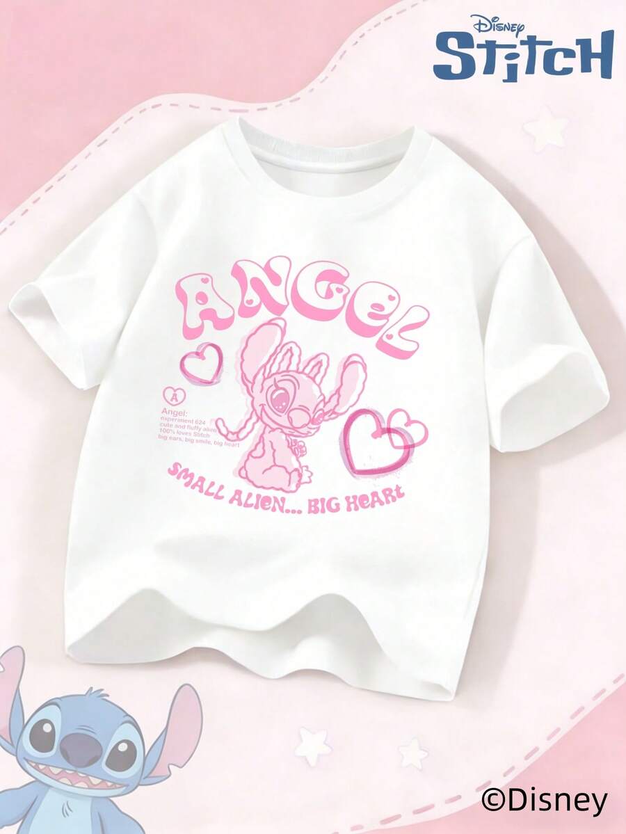 Disney Camiseta de manga corta infantil de Stitch para niños y niñas, camiseta de algodón estampada RELAX de verano informal - Blanco - Ver 1