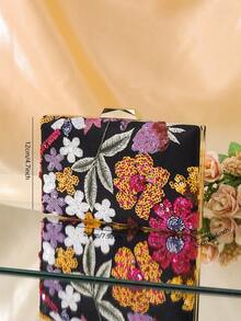 1个时尚迷你黑色晚宴包（图案随机，独一无二），优雅精致的亮片刺绣女士方形手拿包，适合派对、婚礼、舞会等场合。 - 黑色 - 查看 3