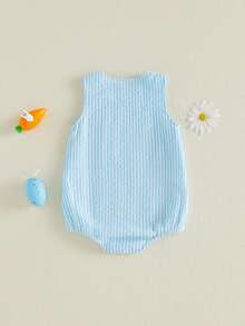Pelele de rayas de Pascua para niñas pequeñas, sin mangas, cuello redondo, con bordado de zanahoria y conejo - Azul - Ver 6