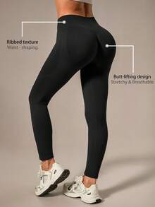 NcmRyu Leggings elásticos de cintura alta de unicolor con costillas sin costuras y ajuste ceñido para mujer, primavera - Negro - Ver 8