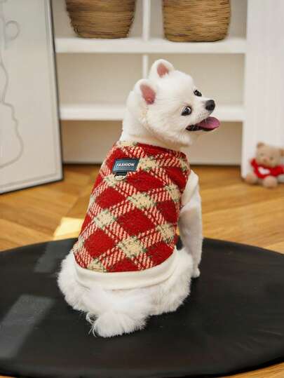 1pc Red/Blue & White Rhombus Pattern Small Pet Vest Set, Casual Chiffon Fleece Sleeveless Vest With Leash Ring And Fashion Label, Warm & Comfortable Pet Autumn/Winter Clothing, Suitable For Small Dogs & Cats Daily Wear And Outdoor Walking