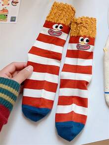 1 Pair Women's French Fry Print Breathable Mid-Calf Socks, Casual Street Style, Suitable For Spring And Autumn - Multicolor - View 6