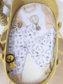 Pijama Infantil Menino Menina e Unissex em Tecido Cotton Conjunto Pijama 2 Peças Manga Longa Calça com Cintura Elástica Confortável 1 a 4 Anos Estampa Fofinha - Marrom Claro - Visão 1