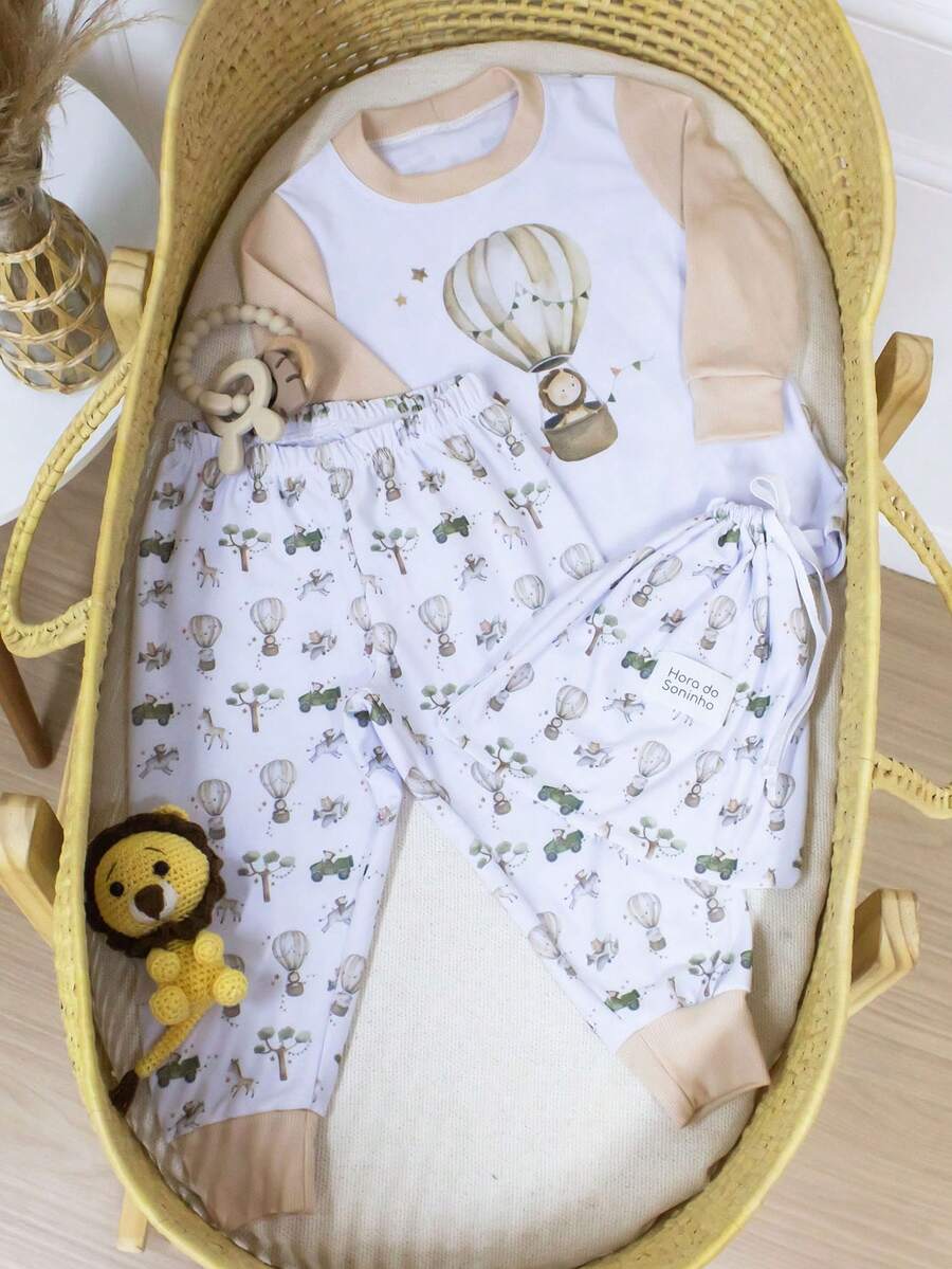 Pijama Infantil Menino Menina e Unissex em Tecido Cotton Conjunto Pijama 2 Peças Manga Longa Calça com Cintura Elástica Confortável 1 a 4 Anos Estampa Fofinha - Marrom Claro - Visão 1