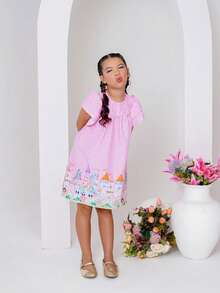 Girls' Themed Dress - , Enchanted Garden, Bees, Butterflies - Graduation, Fashionable, Blogger Style, Cool, For Parties, Birthdays, Everyday Wear, Casual, Girl's Clothing, Teen, Wedding, Printed, Loose-Fitting, Summer, Floral - 粉色 - 查看 4