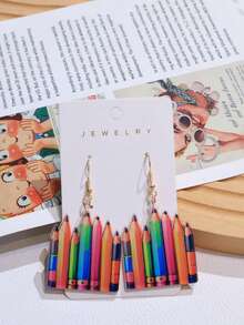 一对亚克力材质的双面可爱耳环，图案包括地球仪、书本、铅笔和校车，卡通风格，趣味十足，是学生日常佩戴的理想礼物。 - 彩色 - 查看 7
