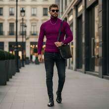Cacharrel Men's Turtleneck Knit Sweater Slim Men's Sweater Thermal Blouse Cold Sweater - 玫瑰紅 - 查看 5